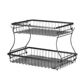 2 Tier Fruit Basket, Countertop Fruits Vegetable Bowl with Banana Hangers, Metal Wire Storage Stand for Kitchen Counter