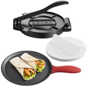 Tortilla Press, 10 Inch Cast Iron Tortilla and Roti Maker, Heavy Duty Tortilladora Press, Pataconera Makers with Handle and 100 Pcs Parchment Pap