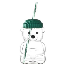 1 PCS 20 OZ Green Little Bear Glass Straw Cup High Borosilicate Heat-resistant Glass Cup For Juice, Milk and Cold drinks