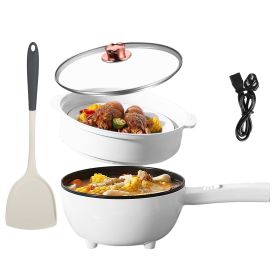 Electric Hot Pot Non-Stick Frying Pan Portable Rapid Noodles Cooker with Long Handle Steamer Spatula Dual Power Control Overheat Dry-Boil Protect