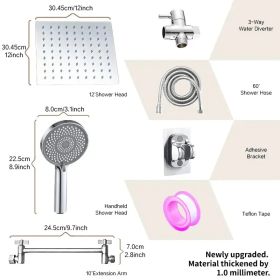 Complete Shower Solution - 12-inch Square Head + Adjustable Arm + Handheld For Versatility (Option: Exquisitesilver)