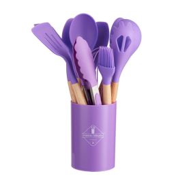 11pcs Wooden Handle Silicone Kitchen Utensils Set Storage Bucket Non-stick Shovel Spoon Cooking Kitchen Utensils 11 Pieces Set Silicone Shovel Sp (Color: Purple)