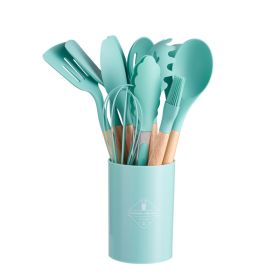 11pcs Wooden Handle Silicone Kitchen Utensils Set Storage Bucket Non-stick Shovel Spoon Cooking Kitchen Utensils 11 Pieces Set Silicone Shovel Sp (Color: Dark Green)